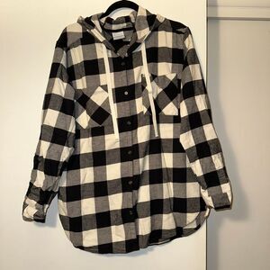 Columbia Women’s 2X Plaid Hooded Button Down Flannel Shirt Black White EUC